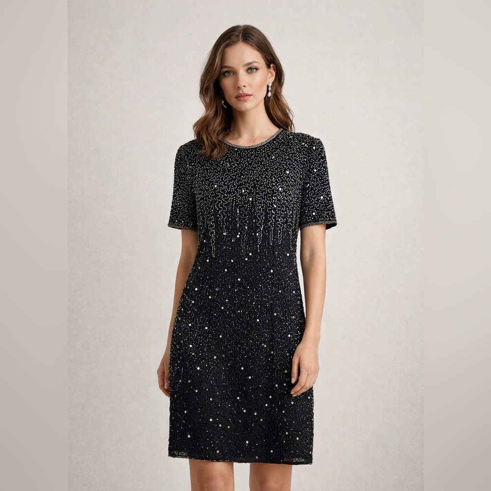 Stenay Black Beaded Sequin Cocktail Dress Size Medium Petite